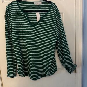 LOFT Green and White Striped V-Neck Sweater